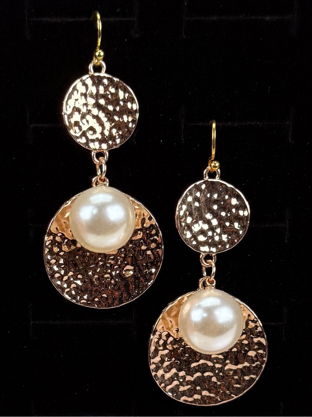 Hammered Goldtone faux Pearl Dangle Pierced weighted Earrings